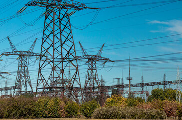 Energy system of Ukraine. Power station background. Distribution of electricity. Cables and wires....