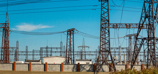 Energy system of Ukraine panoramic. Power station background. Distribution of electricity. Cables...