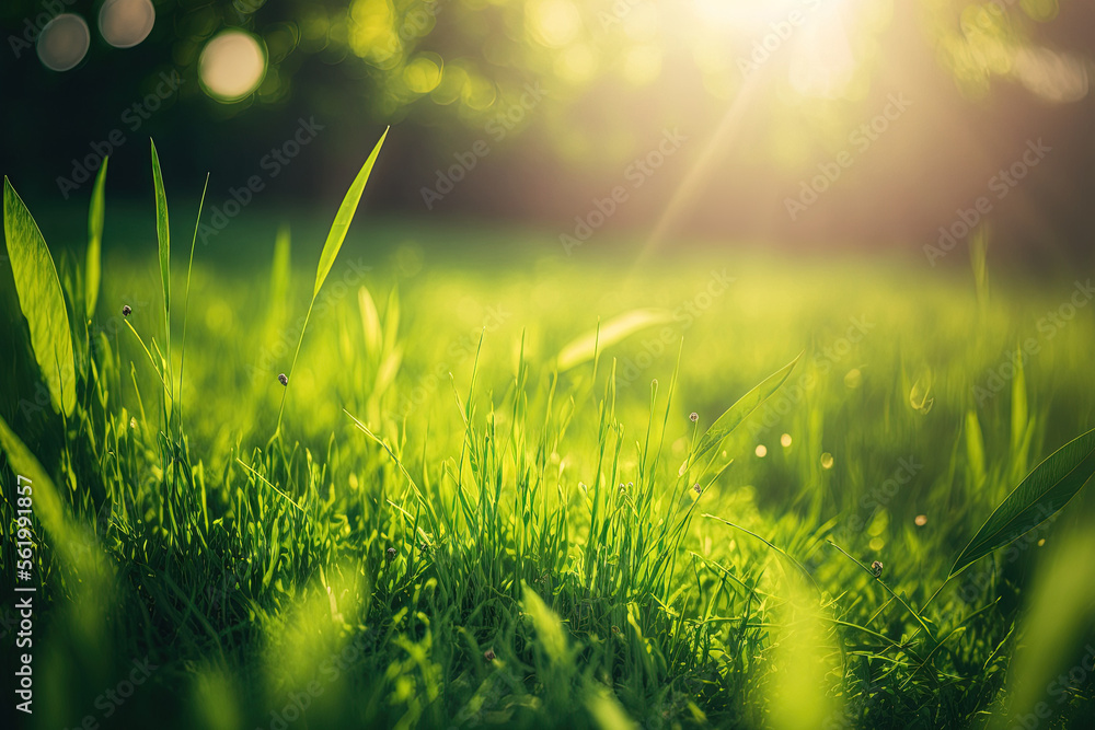 Poster nature background notion of spring green grass field and leaf up close with hazy park and sunlight. 
