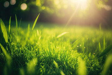 nature background notion of spring Green grass field and leaf up close with hazy park and sunlight. Generative AI
