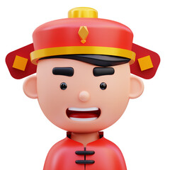 3d render illustration of cute male avatar icon wearing typical chinese hat, chinese new year