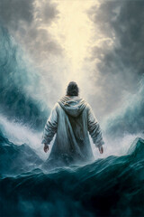 Jesus walking on the sea, AI