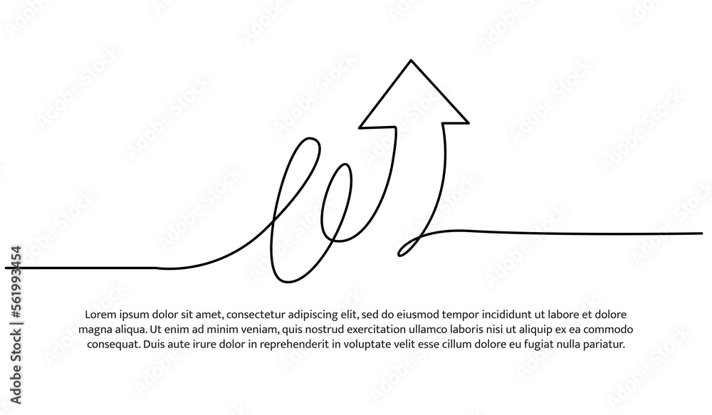 Poster continuous line design of arrow pointing up. one line decorative elements drawn on a white backgroun