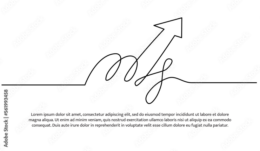 Poster continuous line design of arrow pointing up. one line decorative elements drawn on a white backgroun