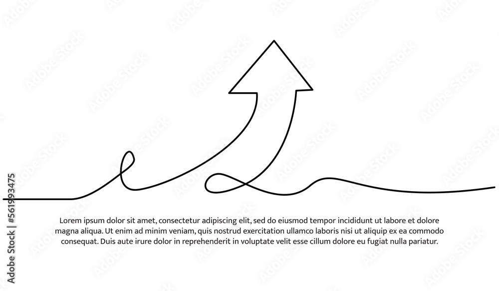Poster continuous line design of arrow pointing up. one line decorative elements drawn on a white backgroun