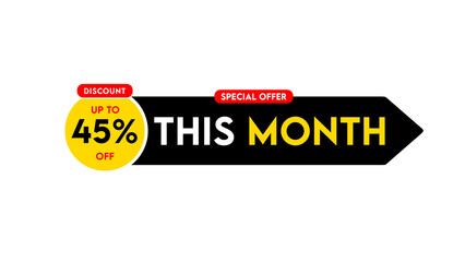 45 Percent This Month Discount Offer, Clearance, Promotion Banner Layout with Sticker Style.