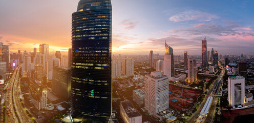 Jakarta Panoramic from Sudirman street view during the golden hour. Jakarta is capital city of indonesia before it be moved to Kalimantan.