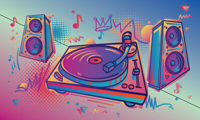 Drawn turntable with speakers and graffiti arrows, colorful funky music design © alex_bond