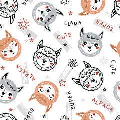 Obraz premium Cute Llama Face Seamless Pattern. Funny Alpaca Head. Vector Cartoon Little Baby Animal. Vector Childish Background for Kids Fashion Design.