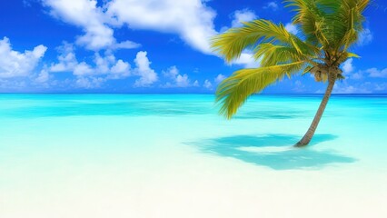 Naklejka na ściany i meble Caribbean Sea coastline with palm jungle and ocean waves on the yellow sand.