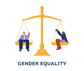 Gender equality banner with business persons on scales, flat vector illustration.