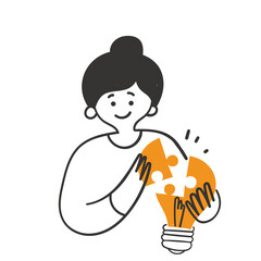 hand drawn doodle woman putting together a light bulb puzzle illustration