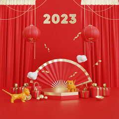 happpy chinese new year white gift box and baby tiger on red podium 3d rendering