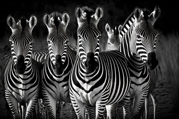 A hide in the Karongwe Game Reserve, South Africa, captured this black and white, surface level shot of a herd of zebra, Equus burchellii. Generative AI