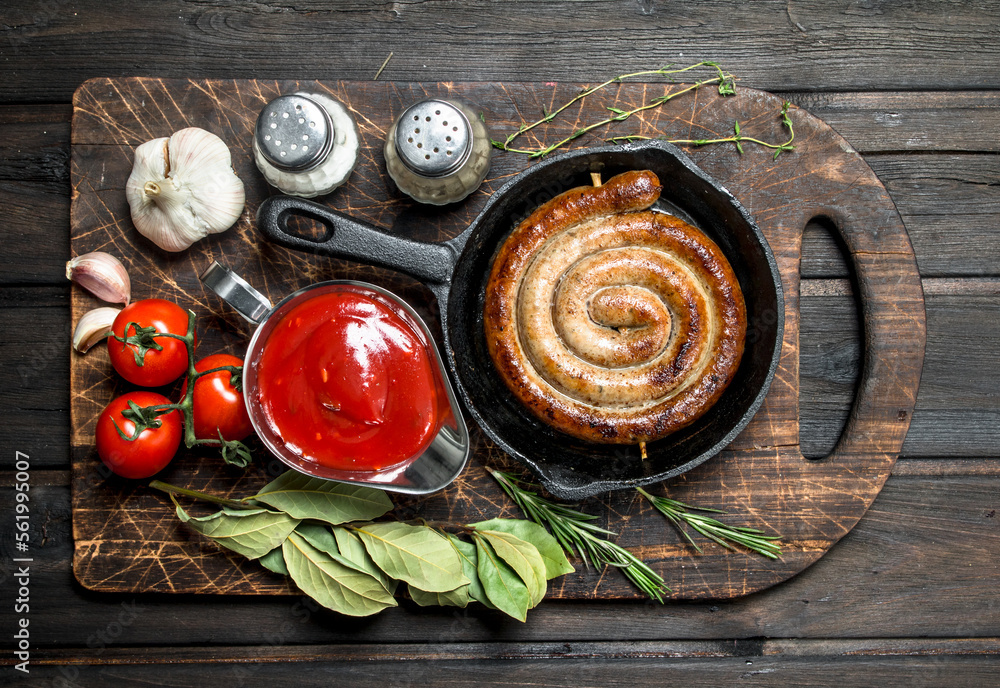 Sticker Fried sausages with sauce and aromatic herbs.