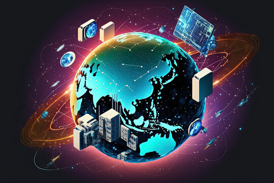 the planet and the internet's satellite network for telecommunications, 5G global data cloud storage, and the international business of social data communications, This image's components were provide
