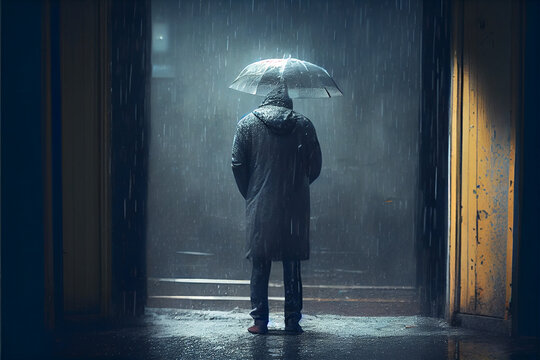Anime Girl With Dark Hair Under The Rain Background, Depression