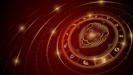 Leo Zodiac Symbol, Wheel of Twelve Sign, Glowing Ray of Star Light in Space, Horoscope and Astrology Concept Element for Fortune-Telling, Stellar Backdrop Background Vector Illustration.