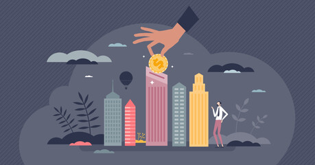 Private equity as personal investment funds in company tiny person concept. Limited partnerships with financial purchase to restructure financially weak companies vector illustration. Assets ownership