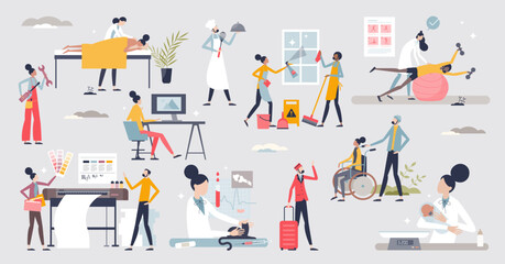 Service business set with assistance occupation elements tiny person concept. Support customer needs for healthcare, cleaning, design, vet or repair with professional company staff vector illustration