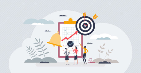 Working on project for effective goal accomplishment tiny person concept. Teamwork job with productive time management, distribution of responsibilities and planning strategy vector illustration.