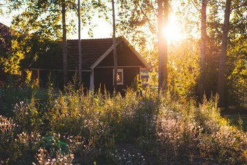 View of classical finnish landscape with traditional wooden red cabin cottage houses and camping...