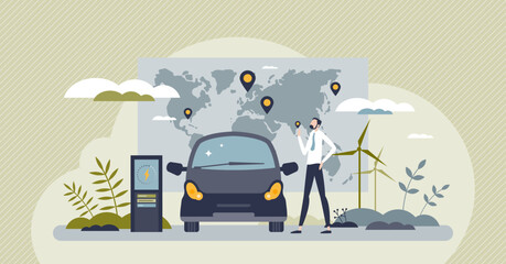 EV charging stations network with plug in recharge map tiny person concept. Global power grid for electric vehicles with supercharger infrastructure vector illustration. Battery supply coverage.