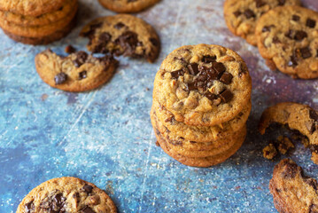 freshly baked homemade chocolate chip cookies.