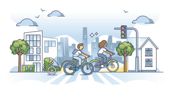 Commuting by bicycle as urban transport from home to work outline concept. Green transportation lifestyle with daily driving by bike vector illustration. Healthy and nature friendly car alternative.