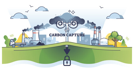 Carbon capture method for CO2 exhaust storage underground outline diagram. Educational scheme with environmental solution for factory emissions control vector illustration. Decrease dioxide level.