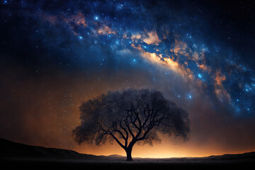 Fototapeta na wymiar Beautiful night sky, the Milky Way and the trees. Elements of this image furnished by NASA. Generative AI