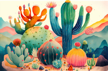Obraz na płótnie Canvas Different types of cacti in a desert. 