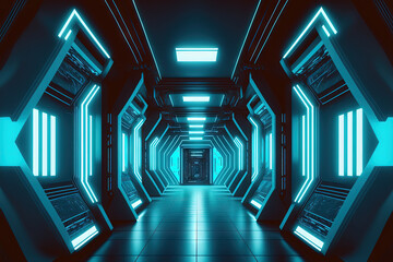 neon lit blue spacecraft corridor background. notion of cyberpunk. Scene for an advertisement featuring a showroom, advanced technology, an interior, and a tunnel. Futuristic sci fi illustration