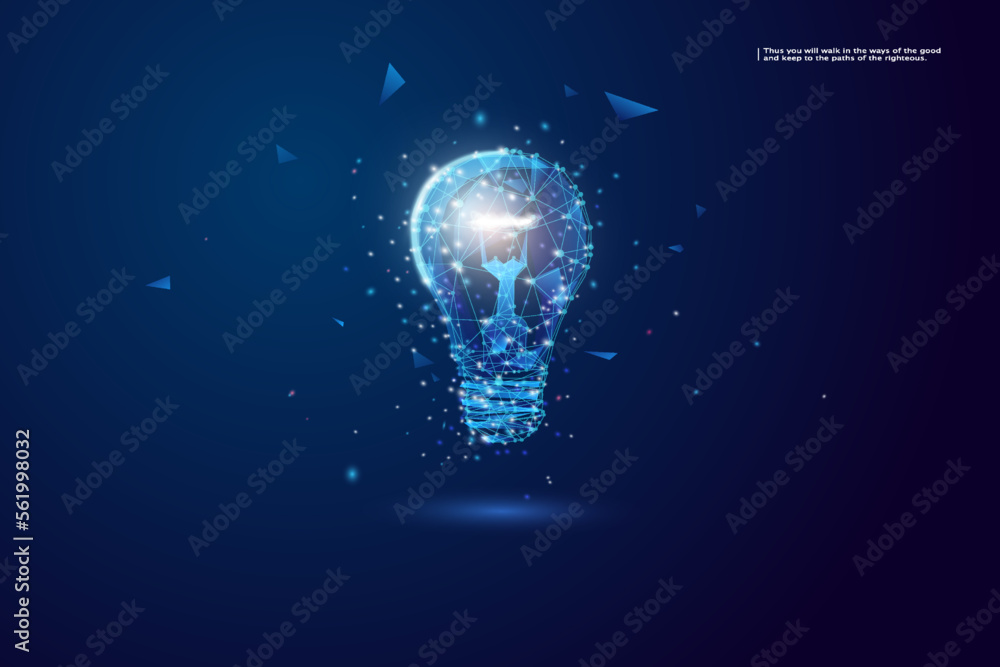 Poster abstract blue glowing light bulb. low poly style design. abstract geometric background. wireframe li