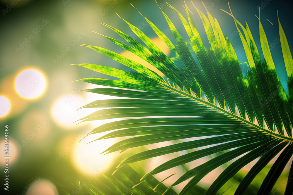 Poster beautiful green palm leaf in bokeh on a tropical beach with an abstract background. generative ai