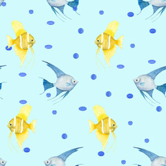 Fototapeta na wymiar Watercolor underwater seamless pattern of blue and yellow angelfishes on white background. Print for design, background, menus, souvenirs, decor, wallpaper, fabric, textile, wrapping.