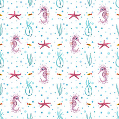 Watercolor underwater seamless pattern of seahorses, fishes, algae, starfishes on white background. Print for design, banner, background, menus, souvenirs, decor, wallpaper, fabric, textile, wrapping.