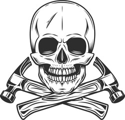 Skull and crossed builder hammers from new construction and remodeling house business in monochrome vintage style isolated illustration