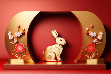 Chinese new year 2023 year of rabbit. Gold bunny with red flowers and chinese lanterns. Ai generated image.