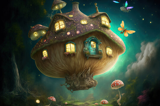 Fairies are depicted flying around the mushroom house. Generative AI