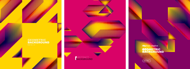 Vector set of abstract geometric poster backgrounds, colorful shapes with fluid colors. Collection of covers, templates, flyers, placards, brochures, banners
