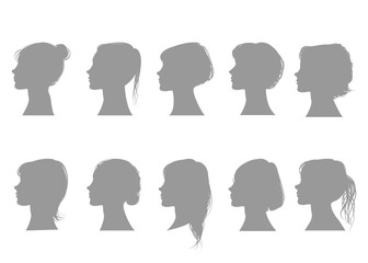 女性の横顔のシルエットセット  上半身 顔アップのイラスト 10人