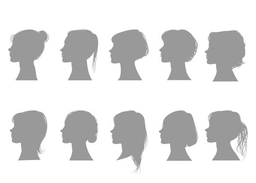 女性の横顔のアップのシルエットセット 10人