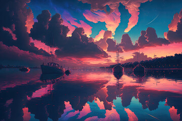 blue pink cloudy sky, a starry night at sunset, a reflection of the skyline of boats in the water, and a sunset light reflection on the water. Generative AI