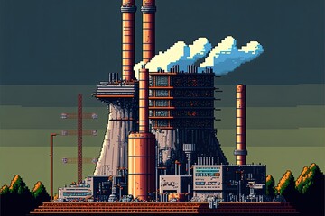 Pixel art nuclear power plant, background in retro style for 8 bit game, Generative AI