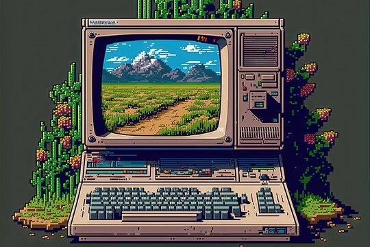Pixel art old computer with landscape wallpaper, background in retro style for 8 bit game, Generative AI