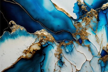 Abstract background alcohol ink blue white painting abstractblue white golden
