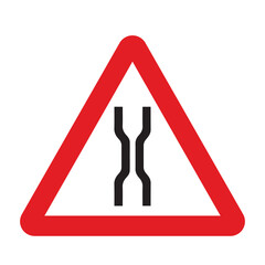 Approaching bridges or narrow bridge and narrow road sign in a red triangle. UK and USA road sign with white background. Common traffic signs and symbol in the road in rounded triangle of black white.