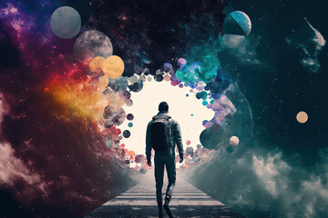 Conceptual creative work featuring a young man strolling through space as the backdrop. Astronomy, art, dreams, astronautics, and the Day of Human Space Flight are all concepts. collage in contemporar - obrazy, fototapety, plakaty