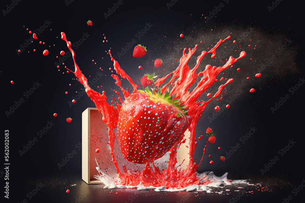 Poster strawberry slice with strawberry splash explosions. generative ai